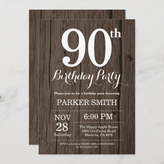 Rustic 90th Birthday Invitation Kaart (Voorkant / Achterkant)
