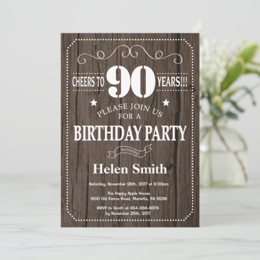 Rustic 90th Birthday Invitation Kaart (Staand voorkant)