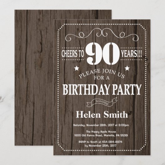 Rustic 90th Birthday Invitation Kaart (Voorkant / Achterkant)