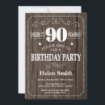 Rustic 90th Birthday Invitation Kaart<br><div class="desc">Uitnodiging 90e verjaardag. Witte Typografie. Rustic Wood Achtergrond. Volwassen verjaardag. Mannelijke Mannen of vrouwen: Birthday. Kinder jongen of meisje Lady Teenage Bday Invite. 13e 15e 16e 18e 21e 30e 40e 50e 60e 70e 90e 100e. Elke leeftijd. Voor verdere aanpassing, te klikken gelieve de knoop "van de Aanpassing het"en ons ontwerphulpmiddel...</div>