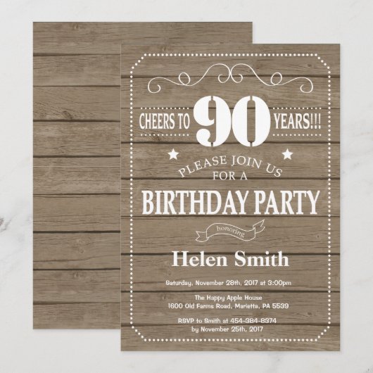 Rustic 90th Birthday Invitation Kaart (Voorkant / Achterkant)