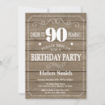 Rustic 90th Birthday Invitation Kaart<br><div class="desc">Uitnodiging 90e verjaardag. Witte Typografie. Rustic Wood Achtergrond. Volwassen verjaardag. Mannelijke Mannen of vrouwen: Birthday. Kinder jongen of meisje Lady Teenage Bday Invite. 13e 15e 16e 18e 21e 30e 40e 50e 60e 70e 90e 100e. Elke leeftijd. Voor verdere aanpassing, te klikken gelieve de knoop "van de Aanpassing het"en ons ontwerphulpmiddel...</div>