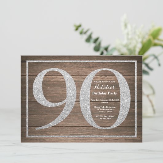 Rustic 90th Birthday Invitation Silver Glitter Kaart (Staand voorkant)