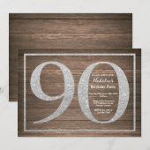 Rustic 90th Birthday Invitation Silver Glitter Kaart (Voorkant / Achterkant)