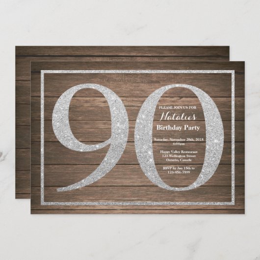 Rustic 90th Birthday Invitation Silver Glitter Kaart (Voorkant / Achterkant)