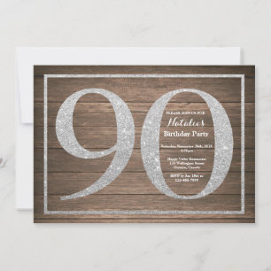 Rustic 90th Birthday Invitation Silver Glitter Kaart