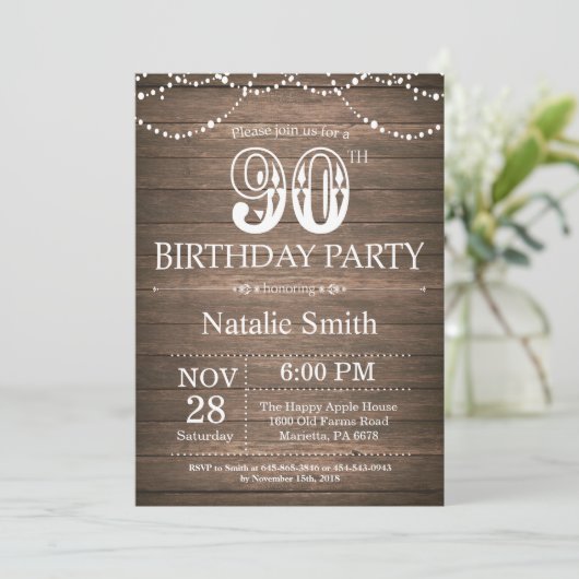 Rustic 90th Birthday Invitation String Lights Kaart (Staand voorkant)