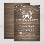 Rustic 90th Birthday Invitation String Lights Kaart (Voorkant / Achterkant)