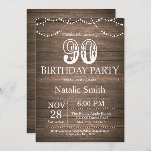 Rustic 90th Birthday Invitation String Lights Kaart (Voorkant / Achterkant)