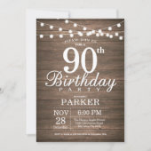 Rustic 90th Birthday Invitation String Lights Wood Kaart (Voorkant)