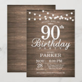Rustic 90th Birthday Invitation String Lights Wood Kaart (Voorkant / Achterkant)