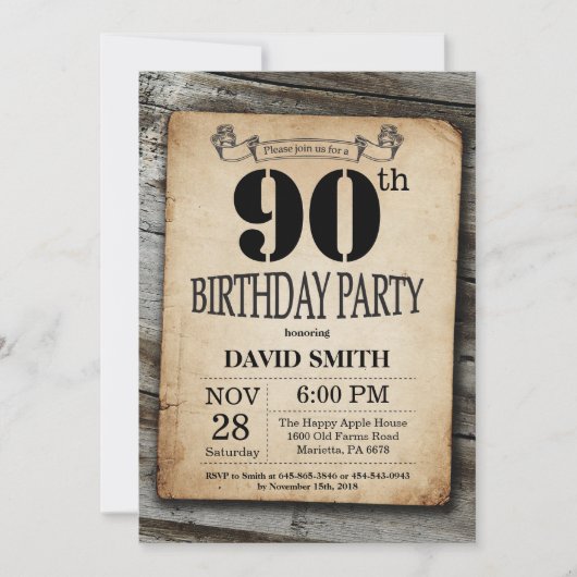 Rustic 90th Birthday Invitation  Wood Kaart (Voorkant)