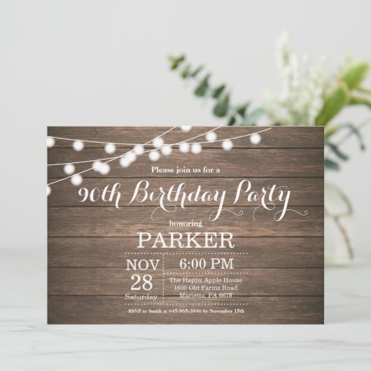 Rustic 90th Birthday Invitation Wood Kaart (Staand voorkant)