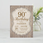 Rustic 90th Birthday Invitation Wood Kaart (Staand voorkant)