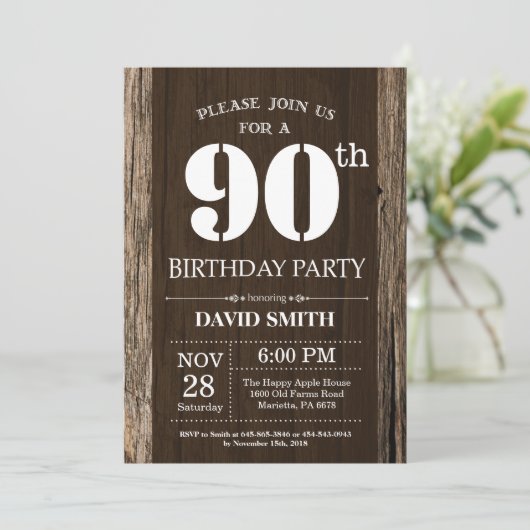 Rustic 90th Birthday Invitation  Wood Kaart (Staand voorkant)