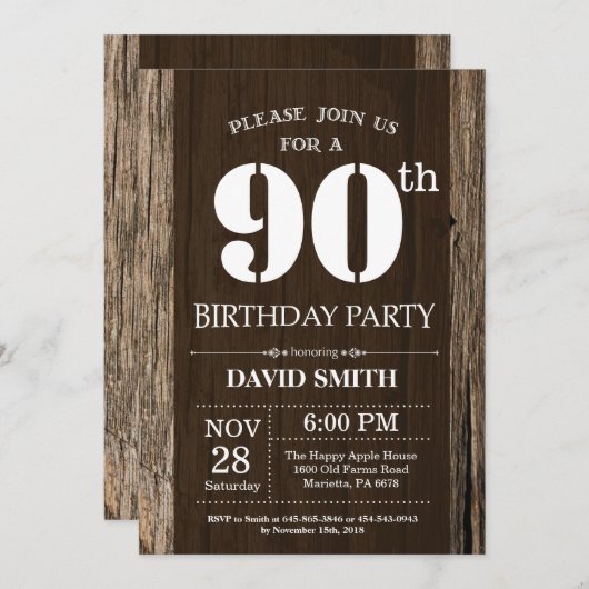 Rustic 90th Birthday Invitation  Wood Kaart (Voorkant / Achterkant)