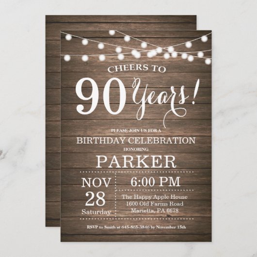 Rustic 90th Birthday Invitation Wood Kaart (Voorkant / Achterkant)