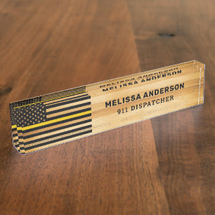 Rustic 911 Dispatcher Thin Gold Line Flag Wood Des Naambordje