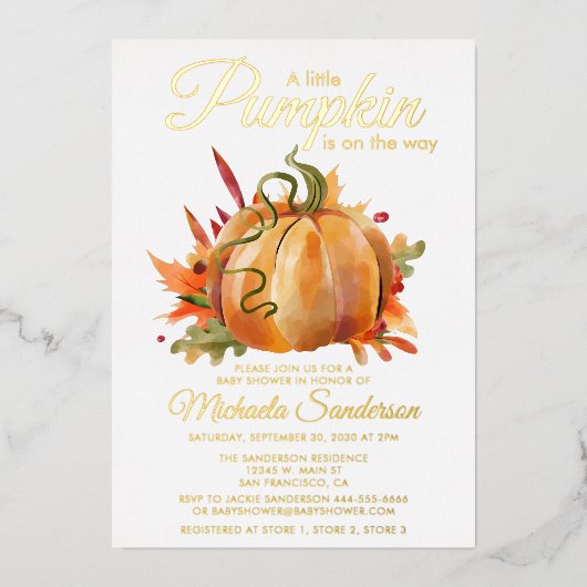Rustic A Little Pumpkin Herfst Baby shower Folie Uitnodiging (Voorkant)