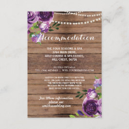 Rustic Accommodation Wedding Paarse houten bloemen Informatiekaartje