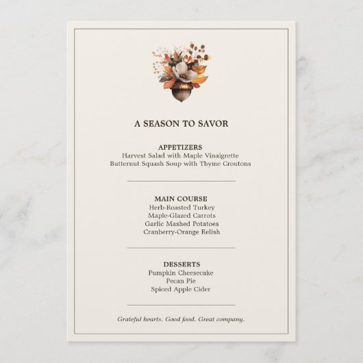 Rustic Acorn Floral Ivory Thanksgiving Dinner Menu (Voorkant)