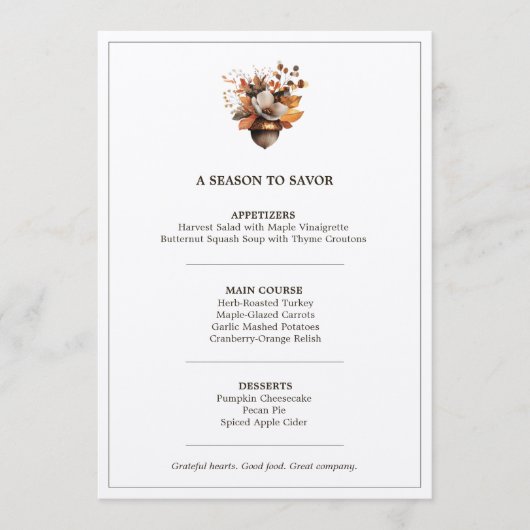 Rustic Acorn Floral White Thanksgiving Dinner Menu (Voorkant)