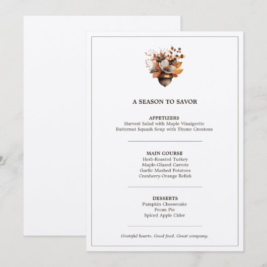 Rustic Acorn Floral White Thanksgiving Dinner Menu (Voorkant / Achterkant)