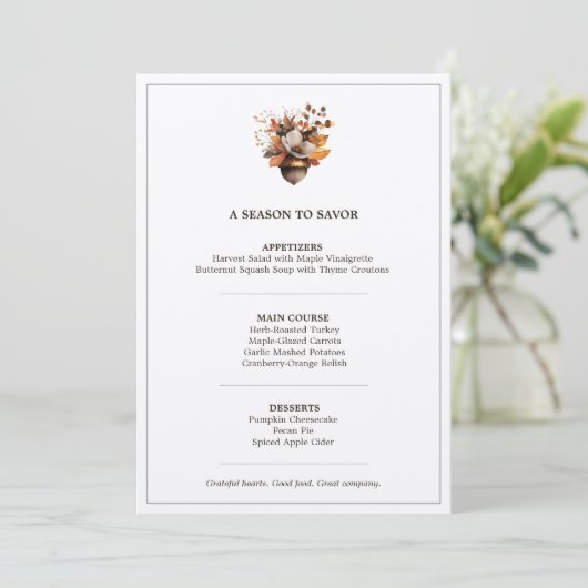 Rustic Acorn Floral White Thanksgiving Dinner Menu (Staand voorkant)