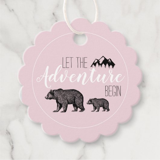 Rustic Adventure Woodland Beren Roze Baby shower Bedankjes Labels (Voorkant)