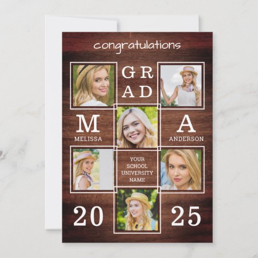 Rustic Afstuderen 6 Foto Collage Wood Afstuderen Aankondiging (Voorkant)
