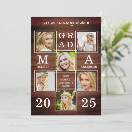 Rustic Afstuderen 6 Foto Collage Wood Afstuderen Kaart (Staand voorkant)