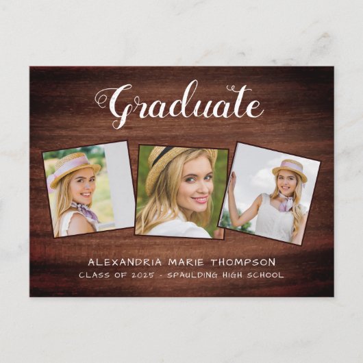 Rustic Afstuderen Custom 3 Photo Wood Afstuderen Aankondigingskaart (Voorkant)