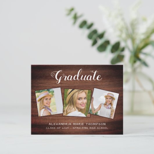 Rustic Afstuderen Custom 3 Photo Wood Afstuderen Uitnodiging Briefkaart (Staand voorkant)