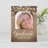Rustic Afstuderen String Lights Brown Burlap Foto Aankondiging (Staand voorkant)