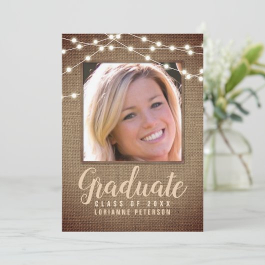 Rustic Afstuderen String Lights Brown Burlap Foto Aankondiging (Staand voorkant)