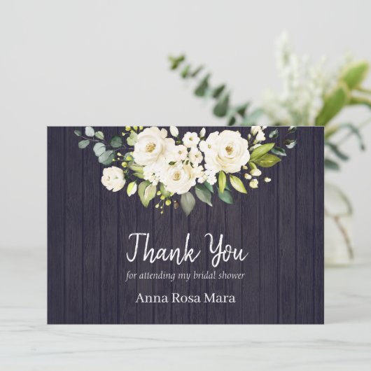 ** Rustic Aged Wood White Rose Vrijgezellenfeest Bedankkaart (Staand voorkant)