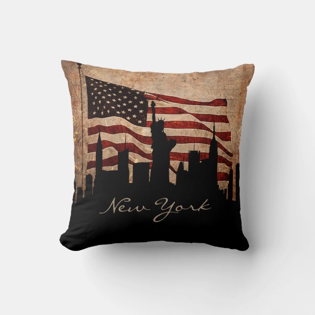 Rustic America Flag New York Skyline | Landmark Kussen (Voorkant)