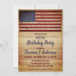 Rustic American Flag Patriotic 50 Birthday Party Kaart