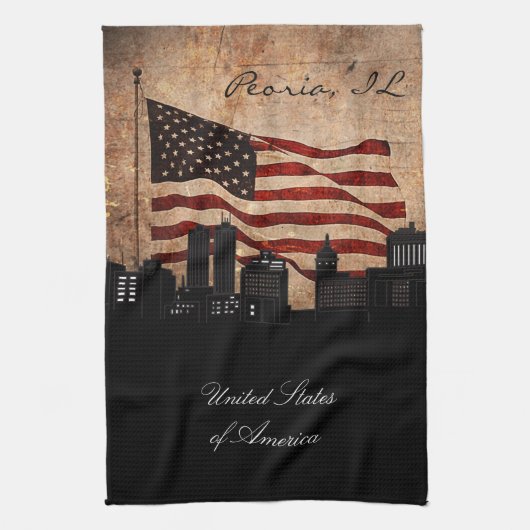 Rustic American Flag Peoria, Illinois Skyline Theedoek (Verticaal)