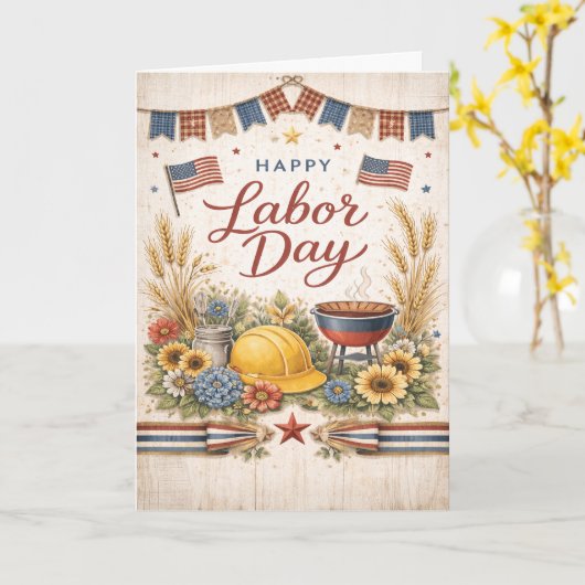 Rustic Americana Happy Labor Day Kaart (Gele Bloem)