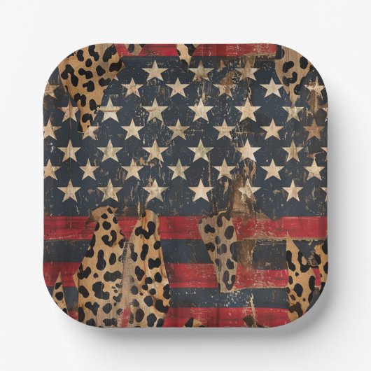 Rustic Amerikaanse vlag luipaardprint (3) Papieren Bordje (Voorkant)