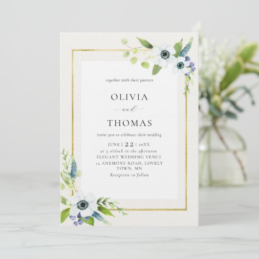 Rustic Anemone Blue Gold Floral Lijst Wedding Kaart (Staand voorkant)