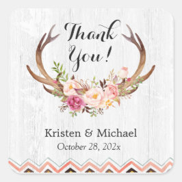 Rustic Antler Boho Floral White Wood Dank je Vierkante Sticker