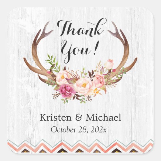 Rustic Antler Boho Floral White Wood Dank je Vierkante Sticker (Voorkant)