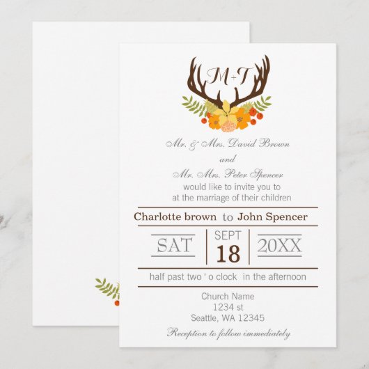 Rustic Antler Deer Floral Woodland Wedding Kaart (Voorkant / Achterkant)