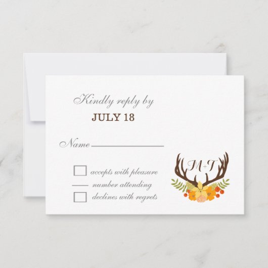 Rustic Antler Deer Floral Woodland Wedding RSVP Kaartje (Voorkant)