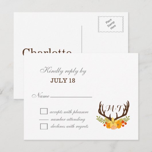 Rustic Antler Deer Floral Woodland Wedding Uitnodiging Briefkaart (Voorkant / Achterkant)