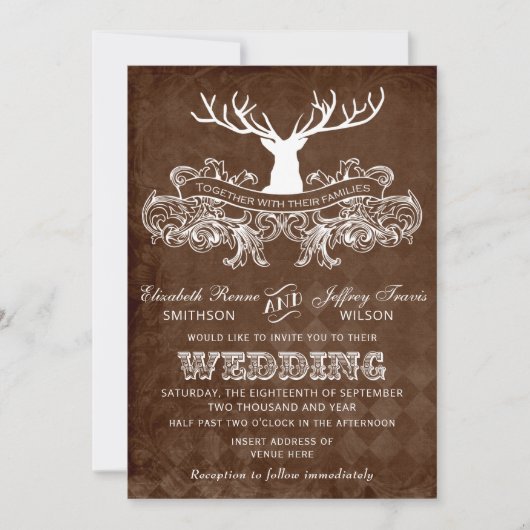 Rustic Antler Deer Winter Woodland bruiloft Kaart (Voorkant)