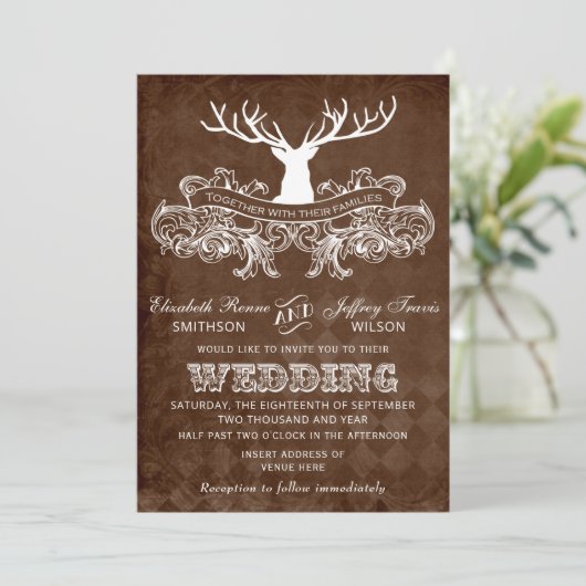Rustic Antler Deer Winter Woodland bruiloft Kaart (Staand voorkant)