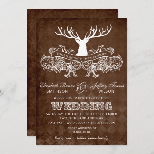 Rustic Antler Deer Winter Woodland bruiloft Kaart (Voorkant / Achterkant)